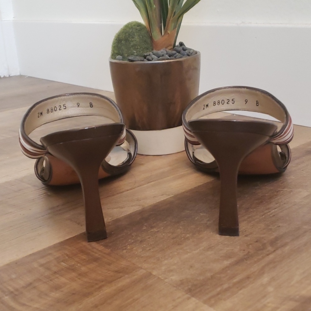 Stuart Weitzman Striped Block Heel Sandals Brown Pink White Square Toe - Picture 3 of 6